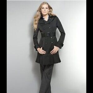 New York & Co Double Breasted Belted Flared Ruffle Hem Trench Coat, Black, XL